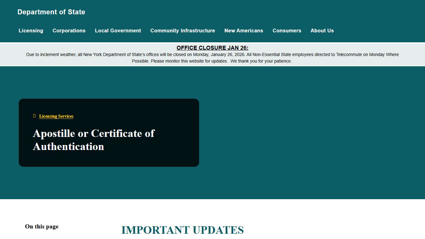 Apostille or Certificate of Authentication Department of State